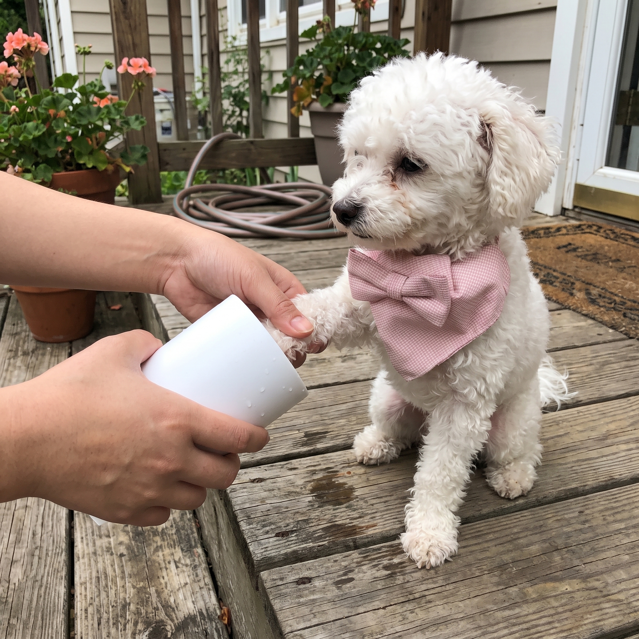Portable Dog Foot Washer - Professional Muddy Paw Cleaning Cup used to gently wash a small dogs paw with water for convenient pet hygiene at home