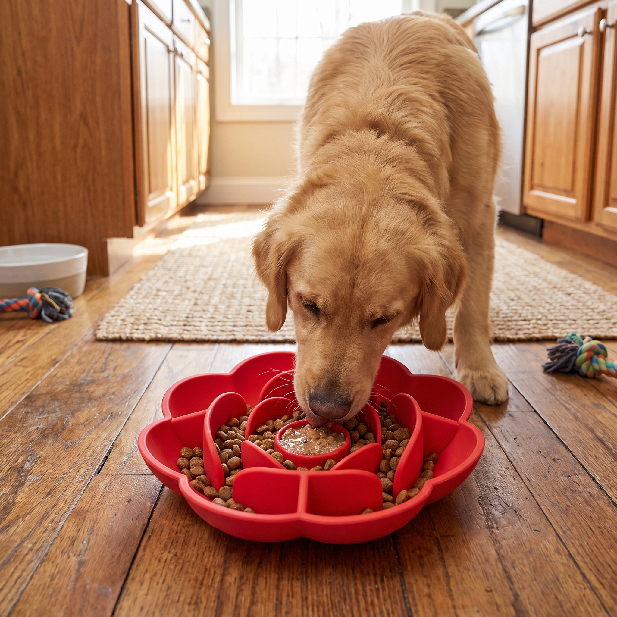 Golden retriever eating kibble from a red flower-shaped bowl Silicone Flower Lick Bowl - Soothing Slow Feeder & Anxiety Relief Mat