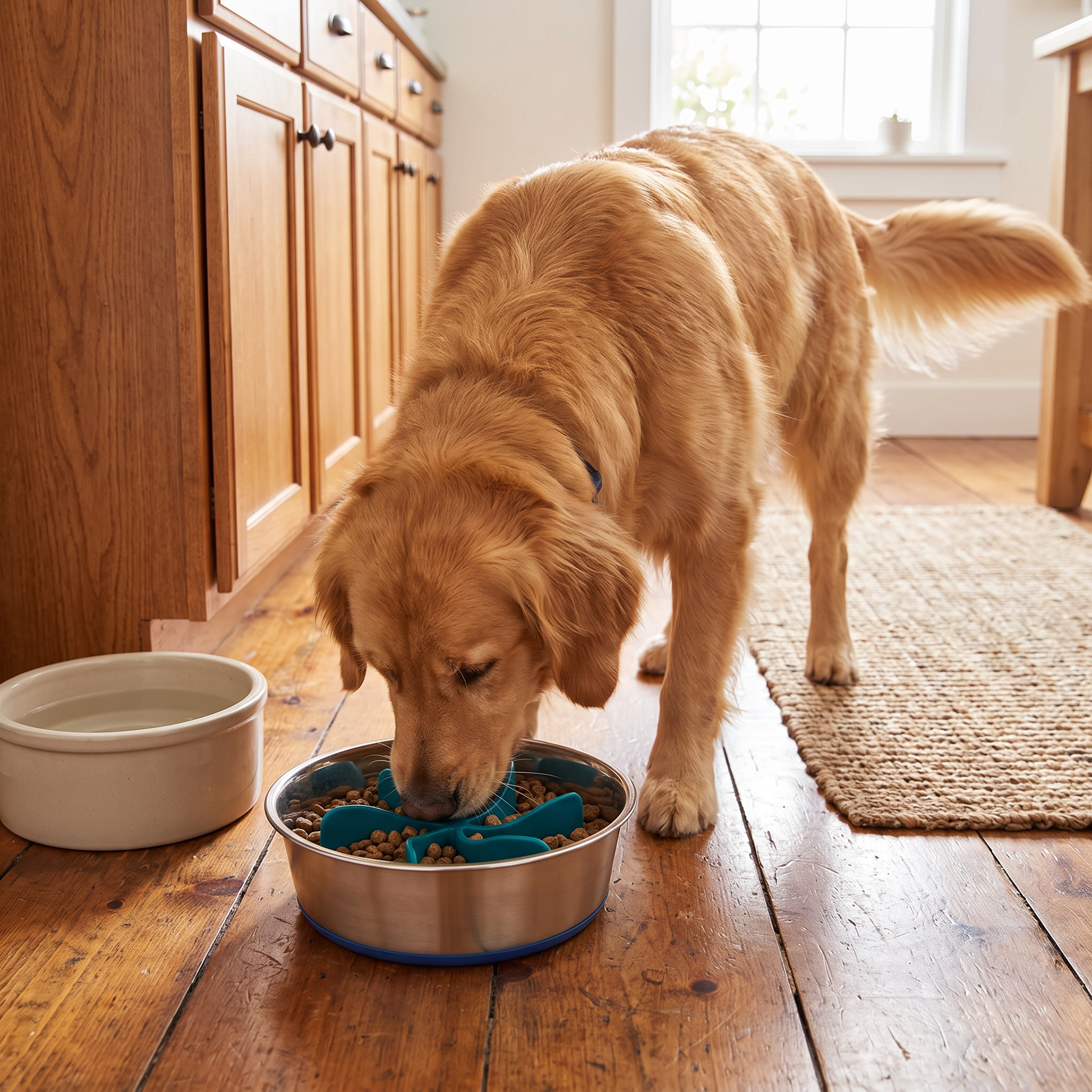 Golden retriever eating kibble from a stainless steel bowl with a blue spiral insert Universal Propeller Slow Feeder Insert - Spiral Anti-Gulping Solution