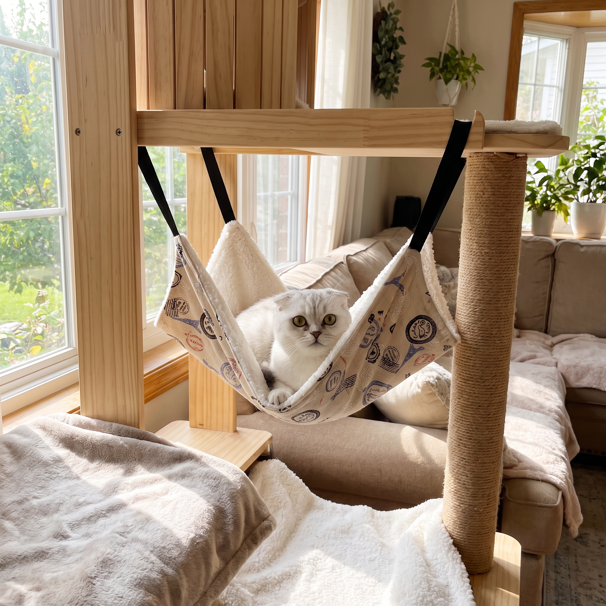 Thermal Hanging Cat Hammock - Double-Sided Winter Warm Fleece Bed for Cages, Crates & Chairs with white cat resting in a suspended fabric perch beside a scratching post