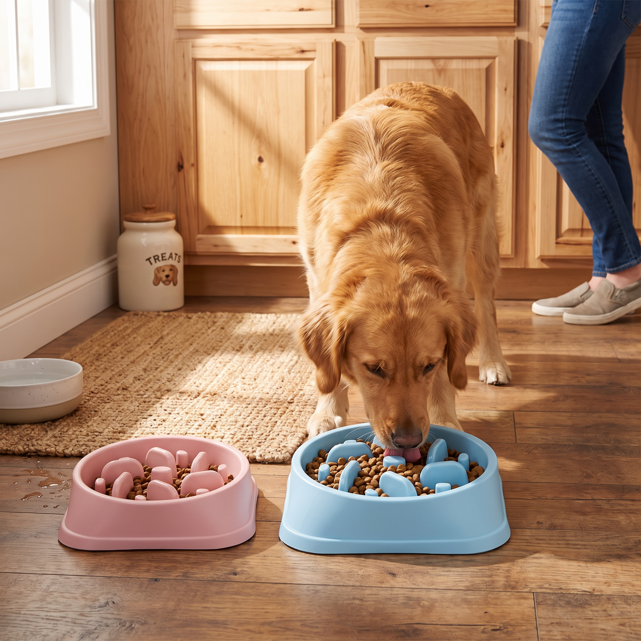 Jungle Pillar Slow Feeder - Heavy-Duty Anti-Choke Dog Bowl with golden retriever eating from a blue bowl beside a pink slow feeder