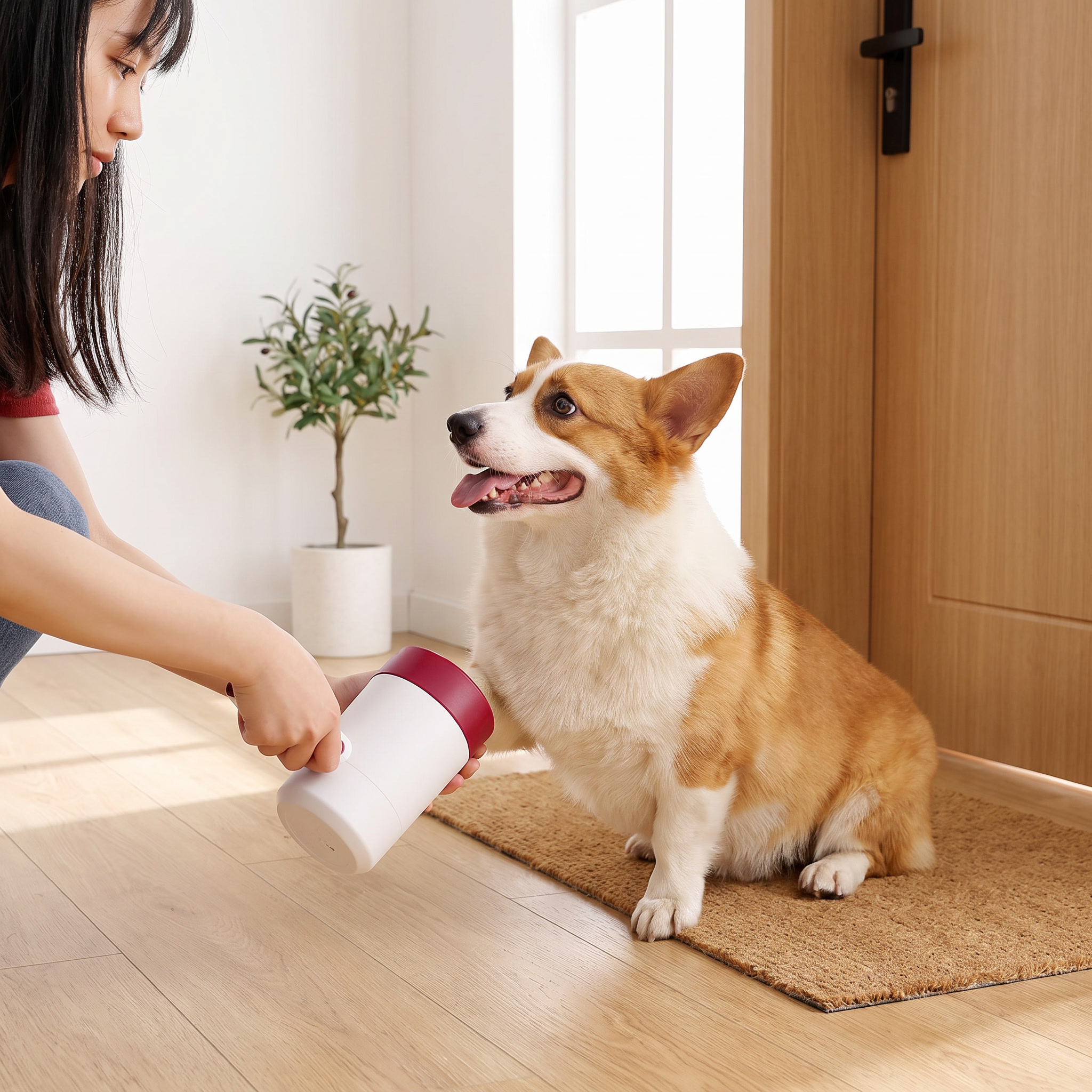 Automatic Electric Dog Paw Cleaner - 360° Rotating Scrub-Free Washer used on a corgi's paw by a pet owner at home for innovative pet hygiene