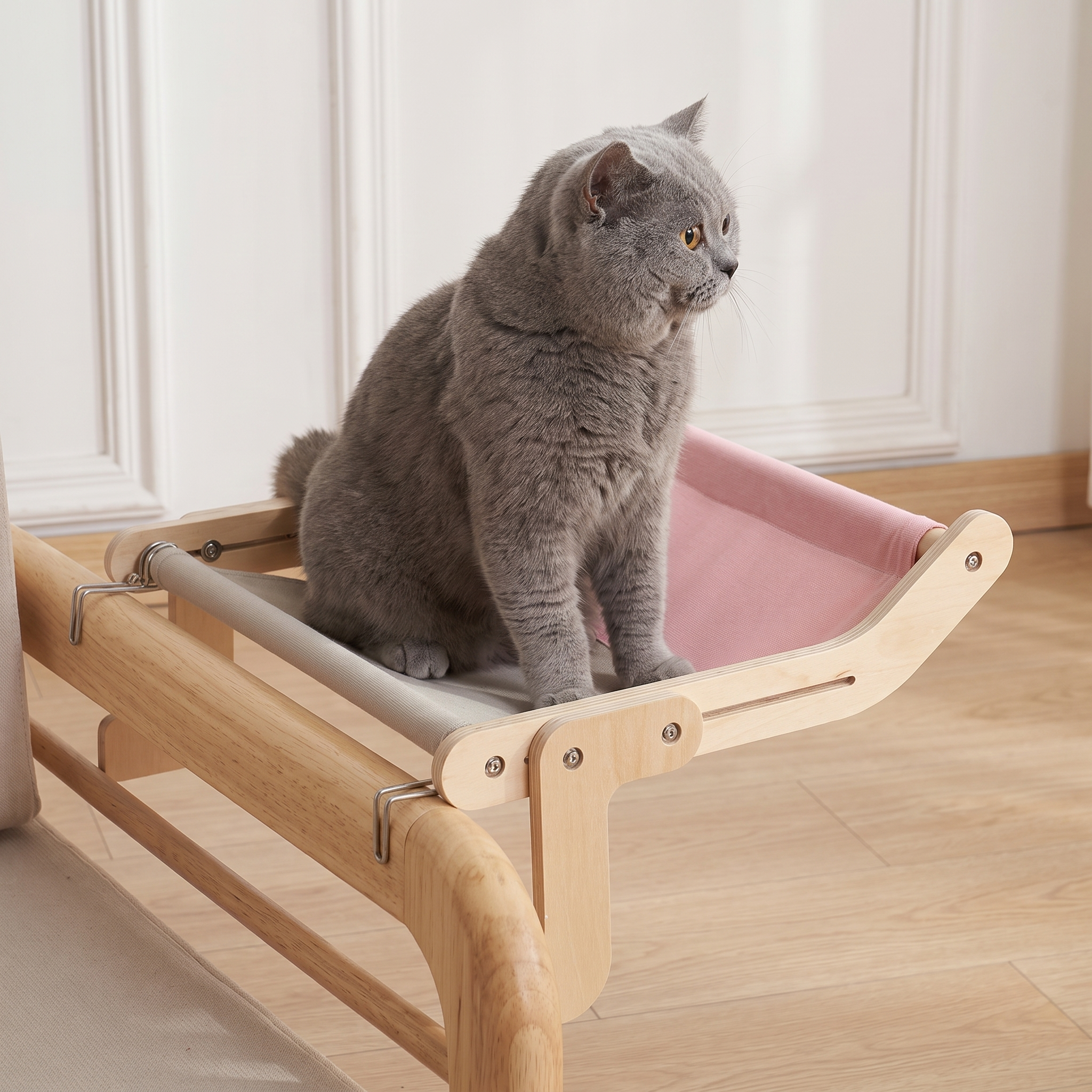 No-Suction Wooden Cat Window Perch - Heavy-Duty Adjustable Hook-On Shelf & Safety Sun Lounger with gray cat resting in pink hammock