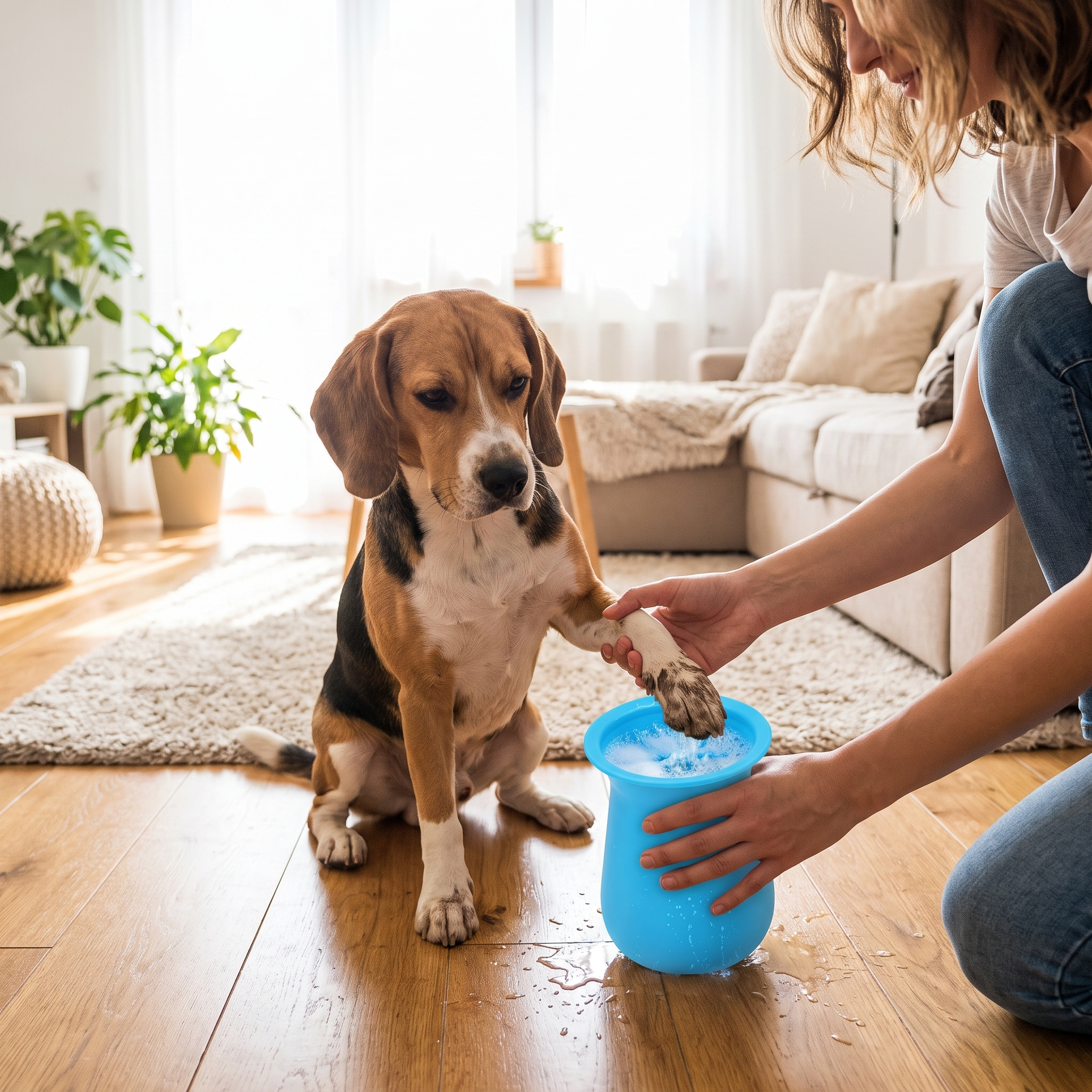 Soft Silicone 2-in-1 Dog Paw Cleaner & Grooming Brush cleaning a dogs muddy paw in a blue silicone cup at home