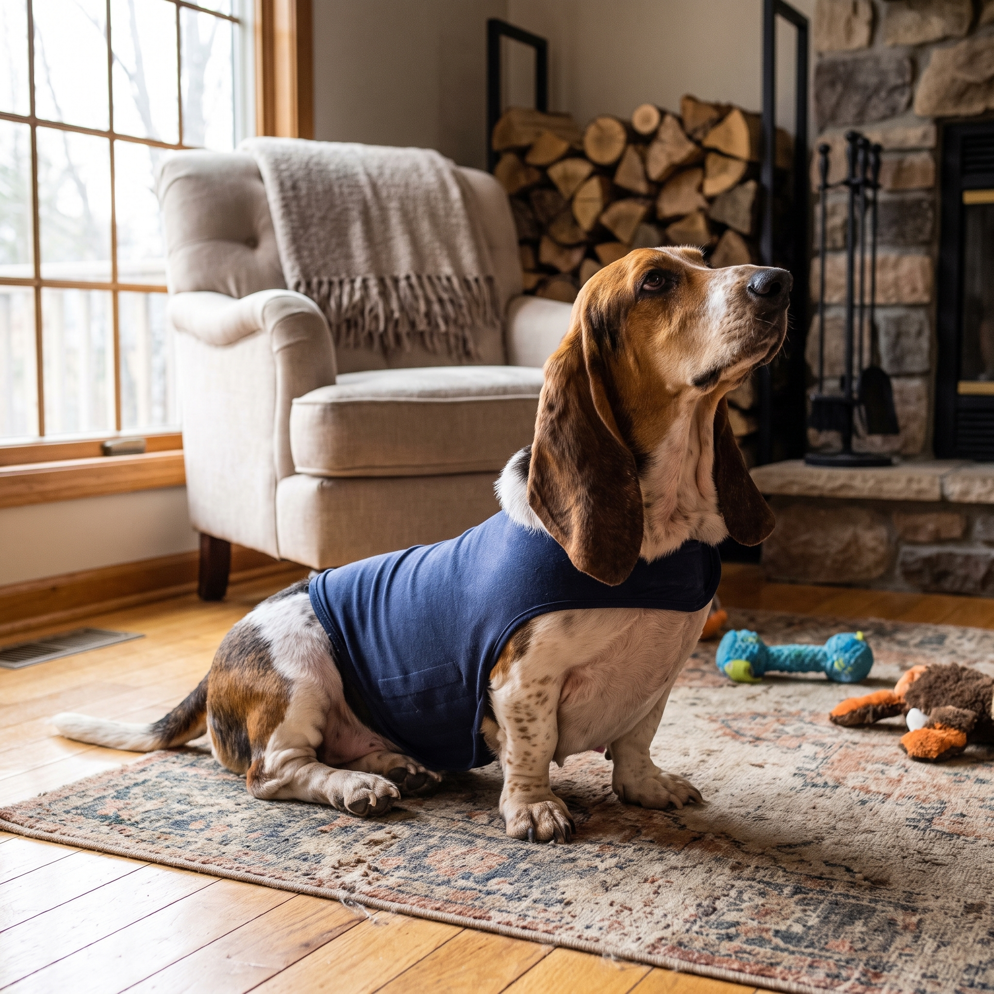 Dog wearing a blue Anti-Anxiety Compression Vest - Calming Pressure Wrap for Storms & Fireworks in a cozy living room during relaxation