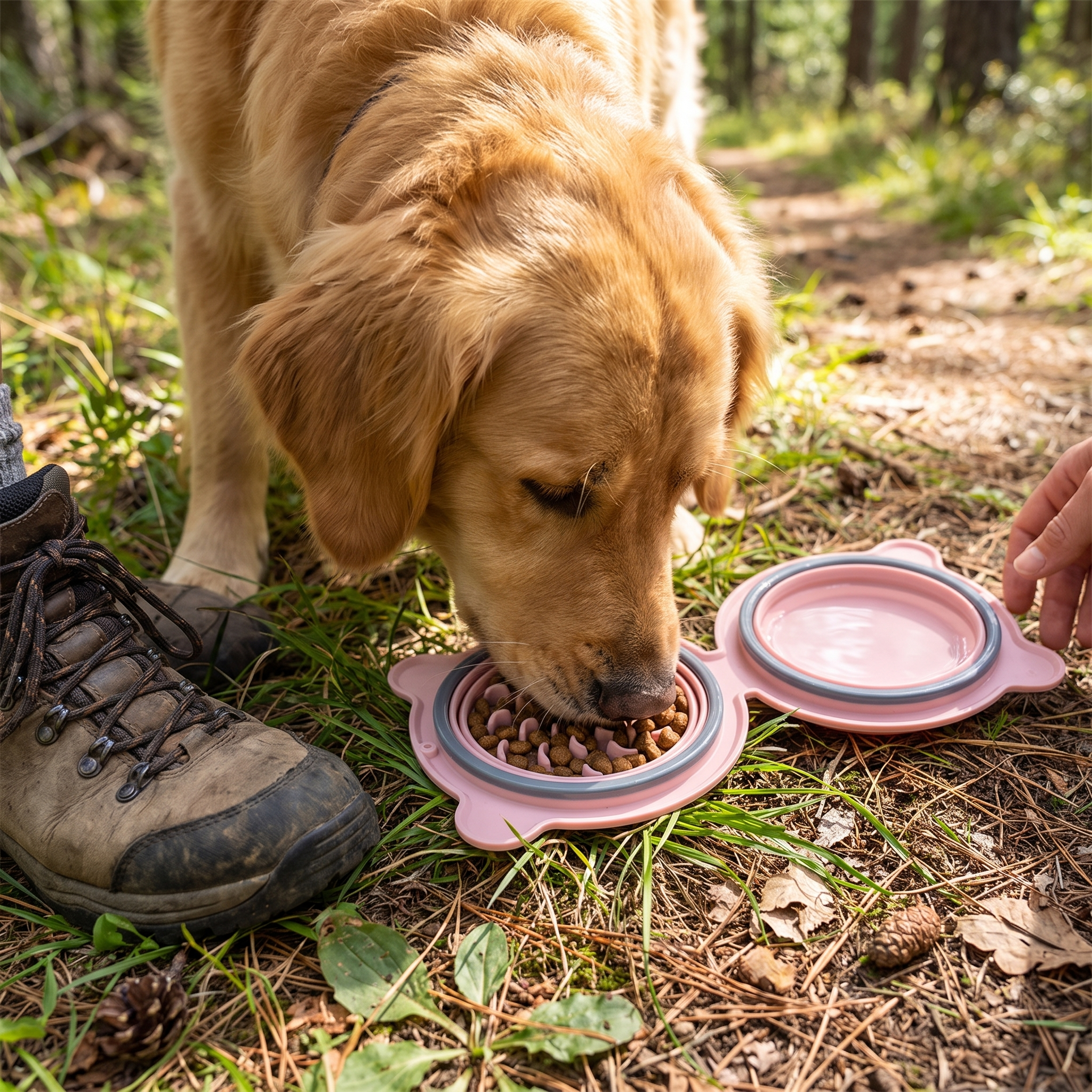 2-in-1 Collapsible Travel Slow Feeder - Portable Hydration & Feeding Station with golden dog enjoying kibble and water outdoors beside a hiking boot
