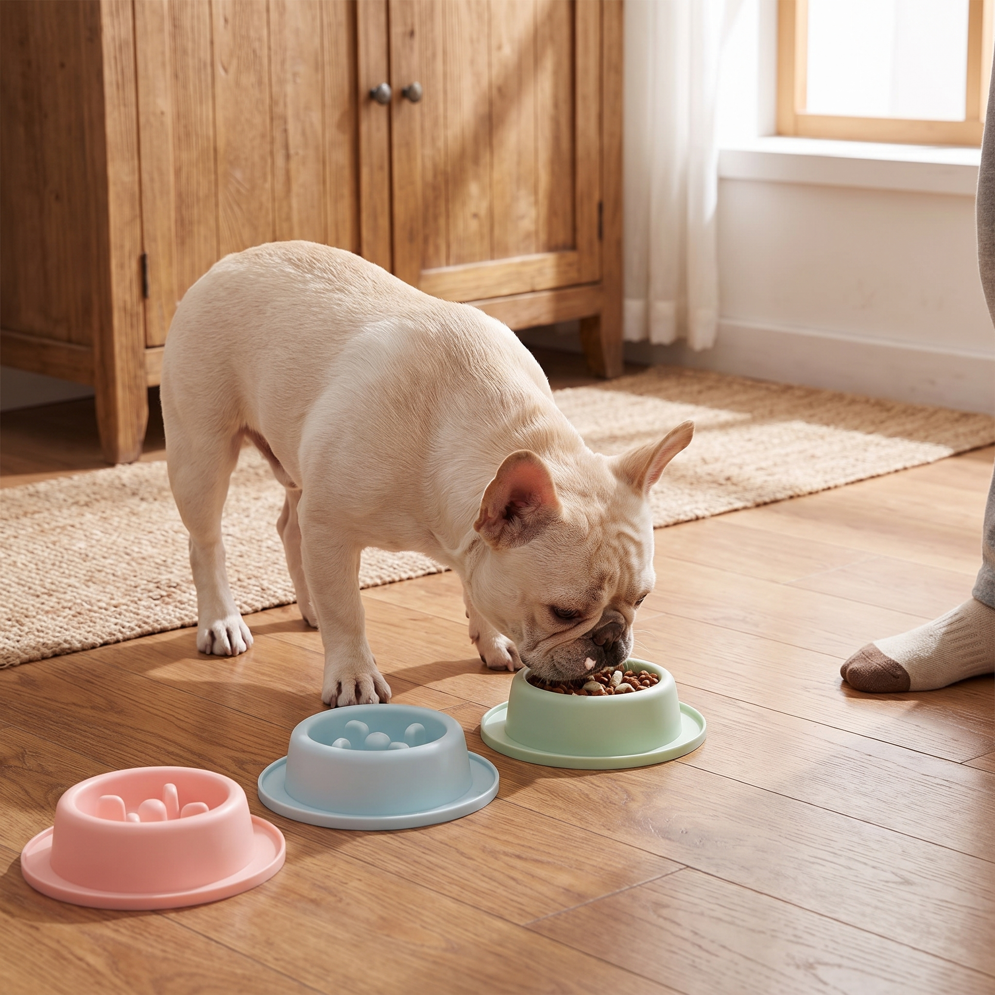 Minimalist Slow Feeder - Modern Anti-Vomit Bowl for Cats & Dogs with French bulldog eating from green bowl beside pastel slow feeders on a wooden floor
