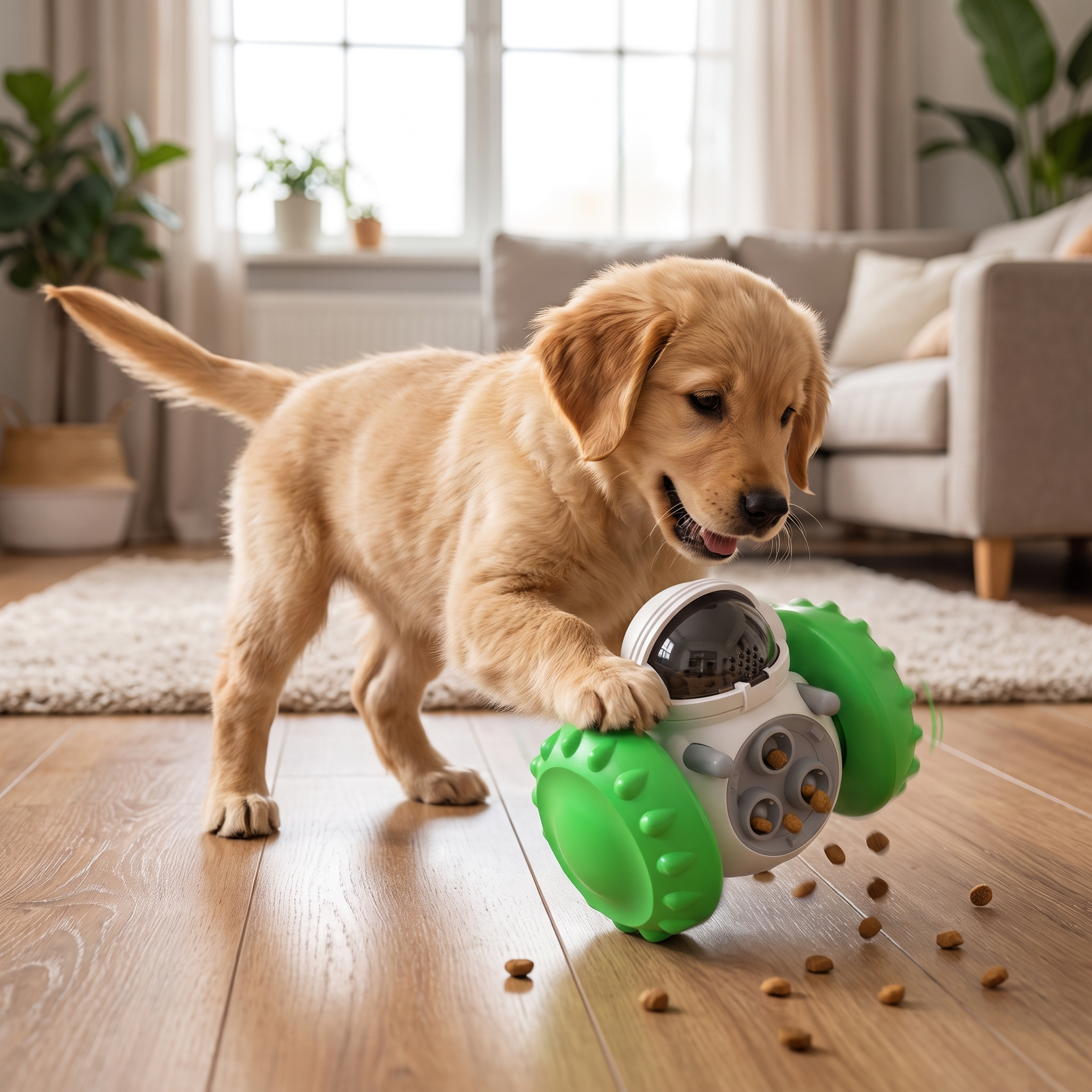Golden retriever puppy using Interactive Tumbler Balance Car Feeder - Slow Feed Toy for Cats & Dogs with kibble scattered on a hardwood floor