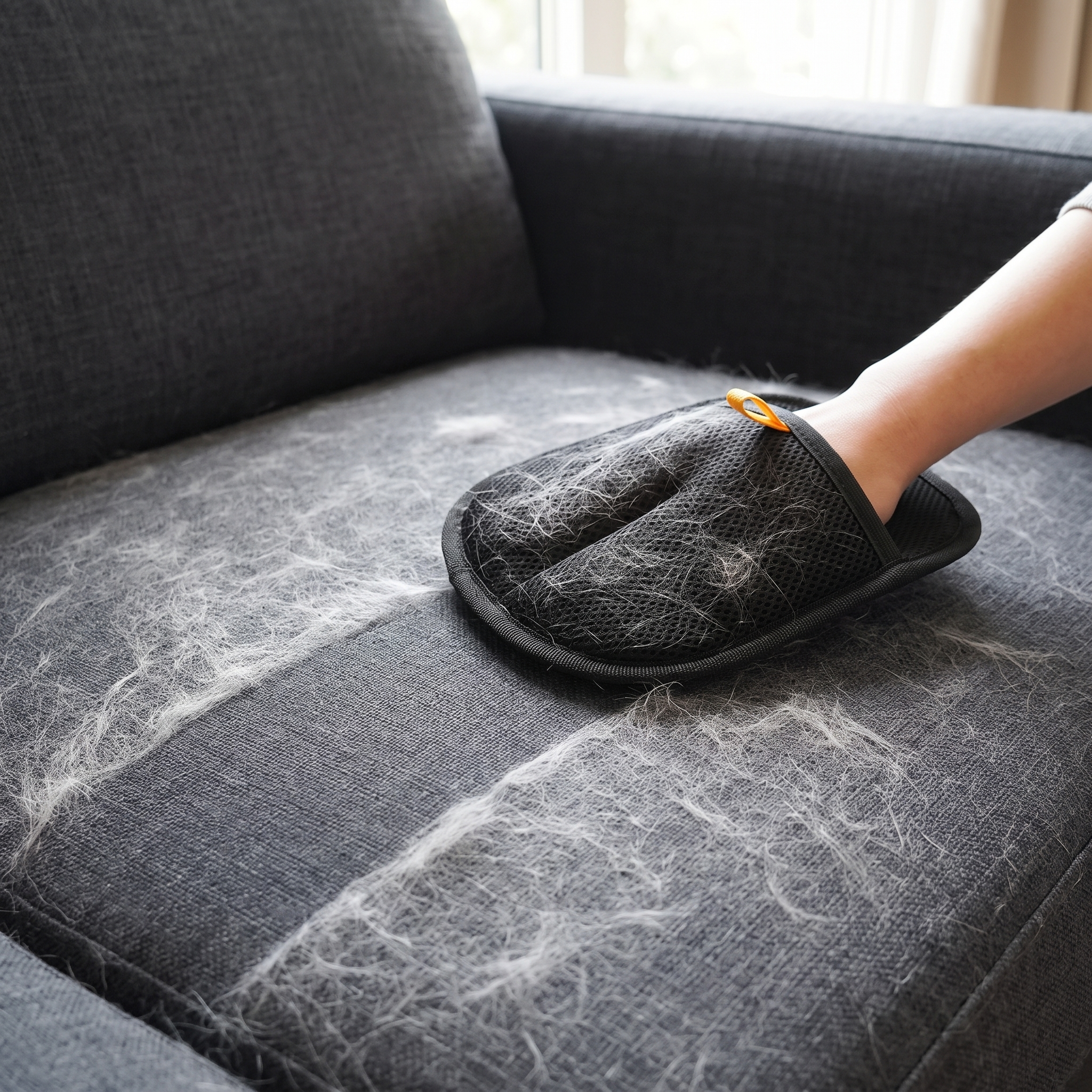 Electrostatic Pet Hair Removal Glove - Bidirectional Grooming & Fabric Cleaner removing loose pet hair from a dark fabric sofa cushion
