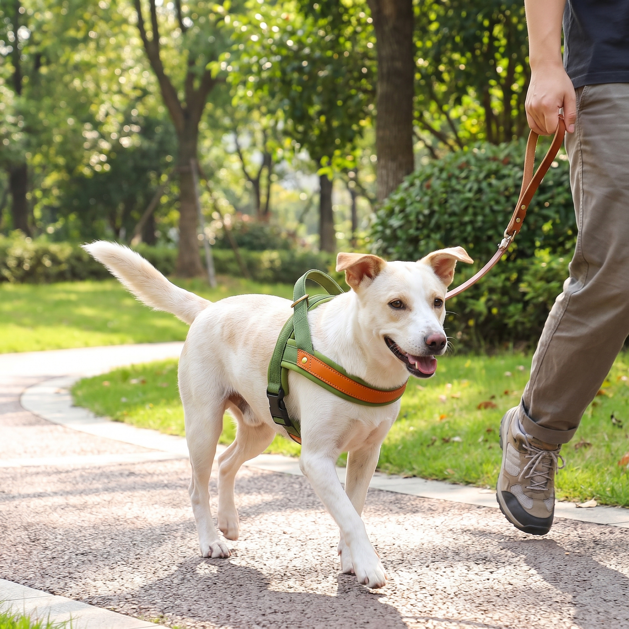 Ergonomic Soft-Padded No-Pull Harness - Reflective Anti-Slip Training Vest on a dog walking beside its owner in a sunny park with leash attached