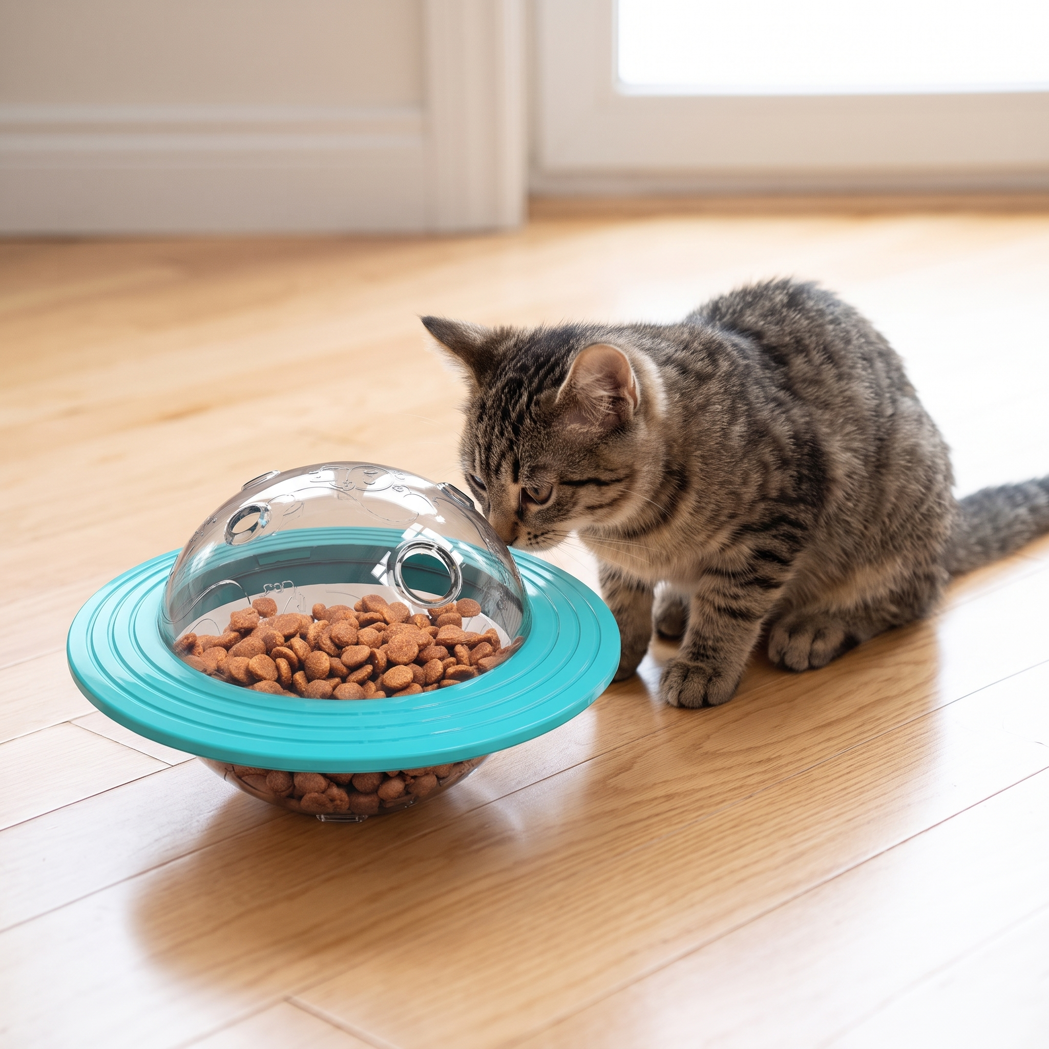 Interactive Flying Saucer Puzzle Feeder - IQ Training & Slow Feed Toy with kibble beside a curious tabby cat for engaging slow feeding and enrichment