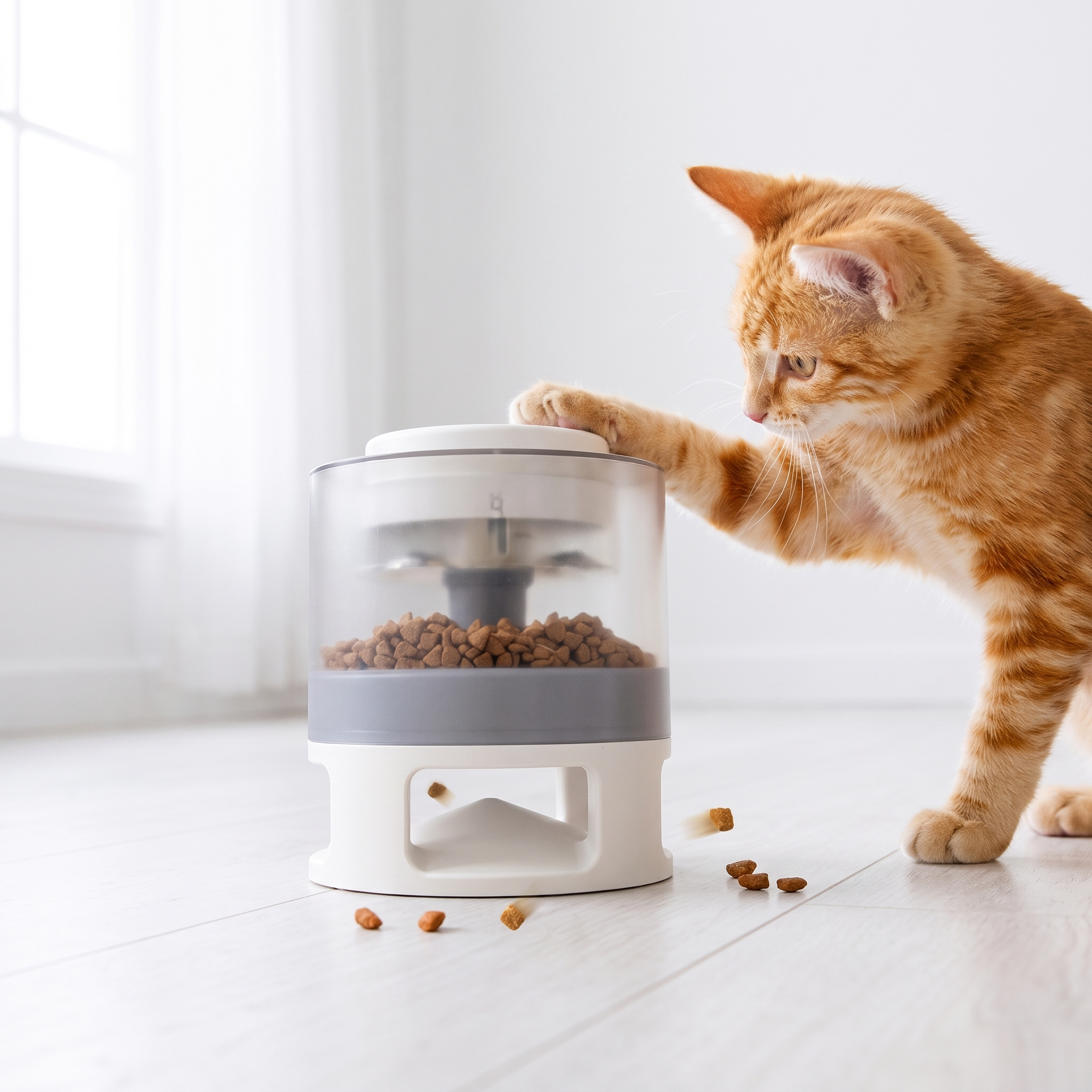 Gravity Catapult Puzzle Feeder - Interactive IQ Training & Slow Feed Station with orange cat using a slow feeder and scattered kibble on the floor