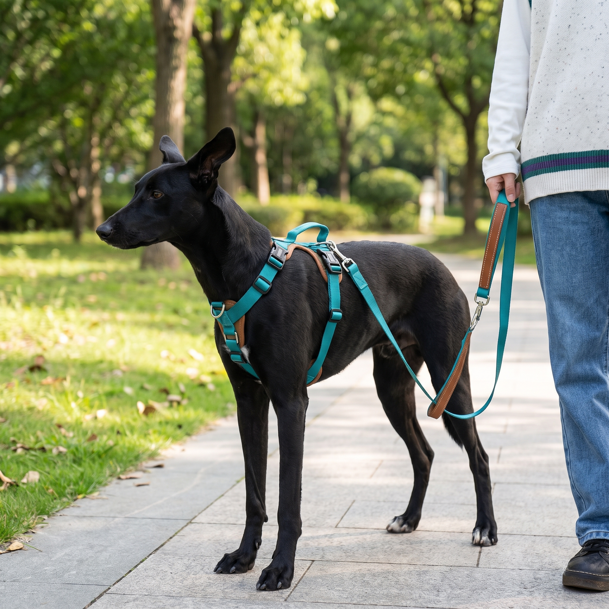 Professional Tactical No-Pull Harness - Heavy-Duty Outdoor Training Vest on a black dog during a park walk with handler, showing teal straps and leash