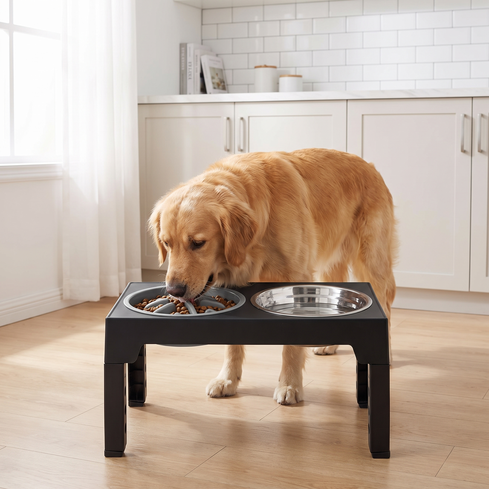 Adjustable Elevated Slow Feeding Station - Orthopedic Raised Stand with Anti-Choke Bowl shown with a golden retriever eating in a bright kitchen
