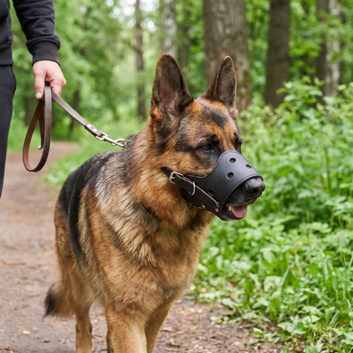Professional Adjustable Basket Muzzle - Breathable Anti-Bite Security Shield on a German Shepherd walking on a forest trail with a leash