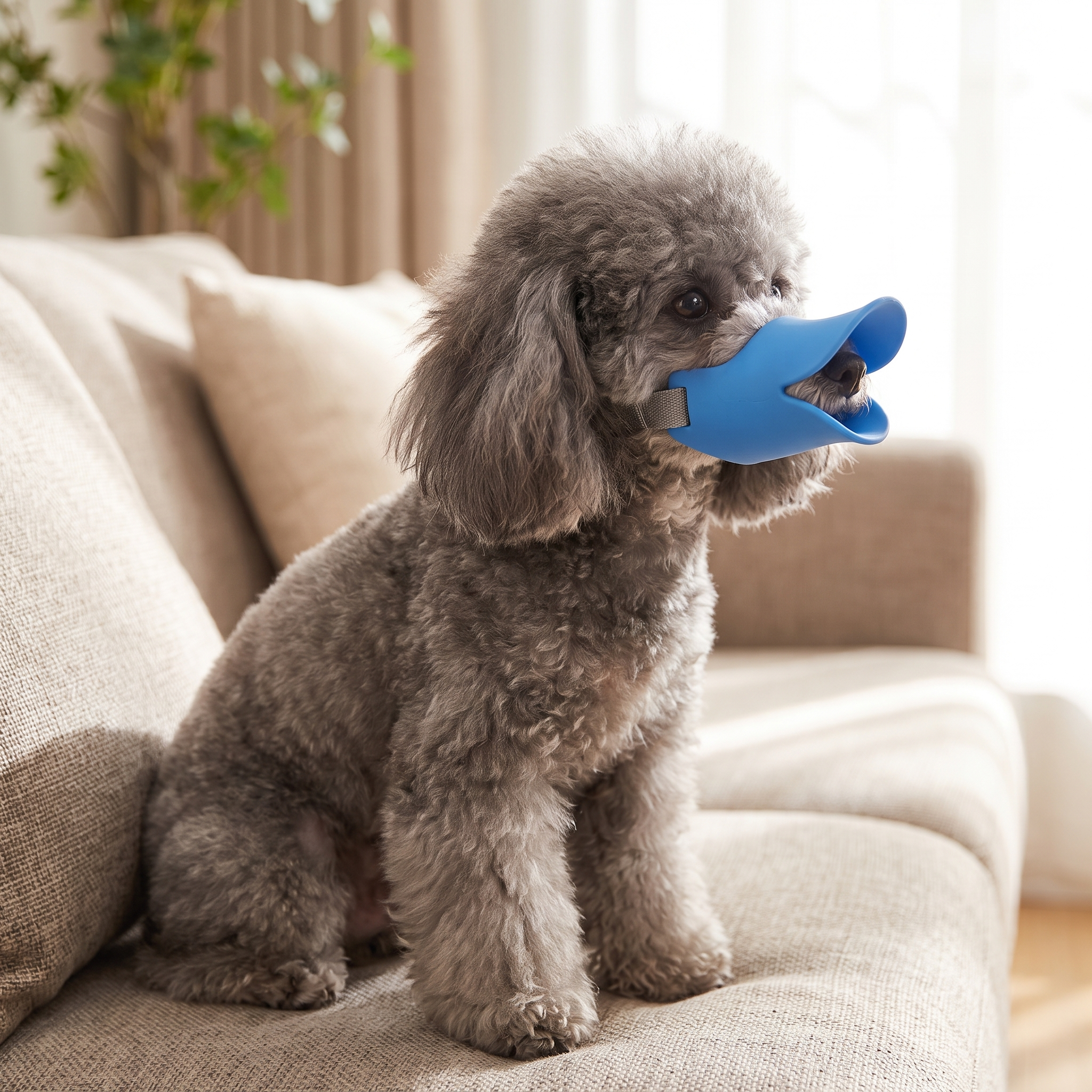 Small curly-haired dog wearing a blue muzzle while sitting on a sofa Soft Silicone Duckbill Muzzle - Humane Anti-Bark & Anti-Bite Training Mask