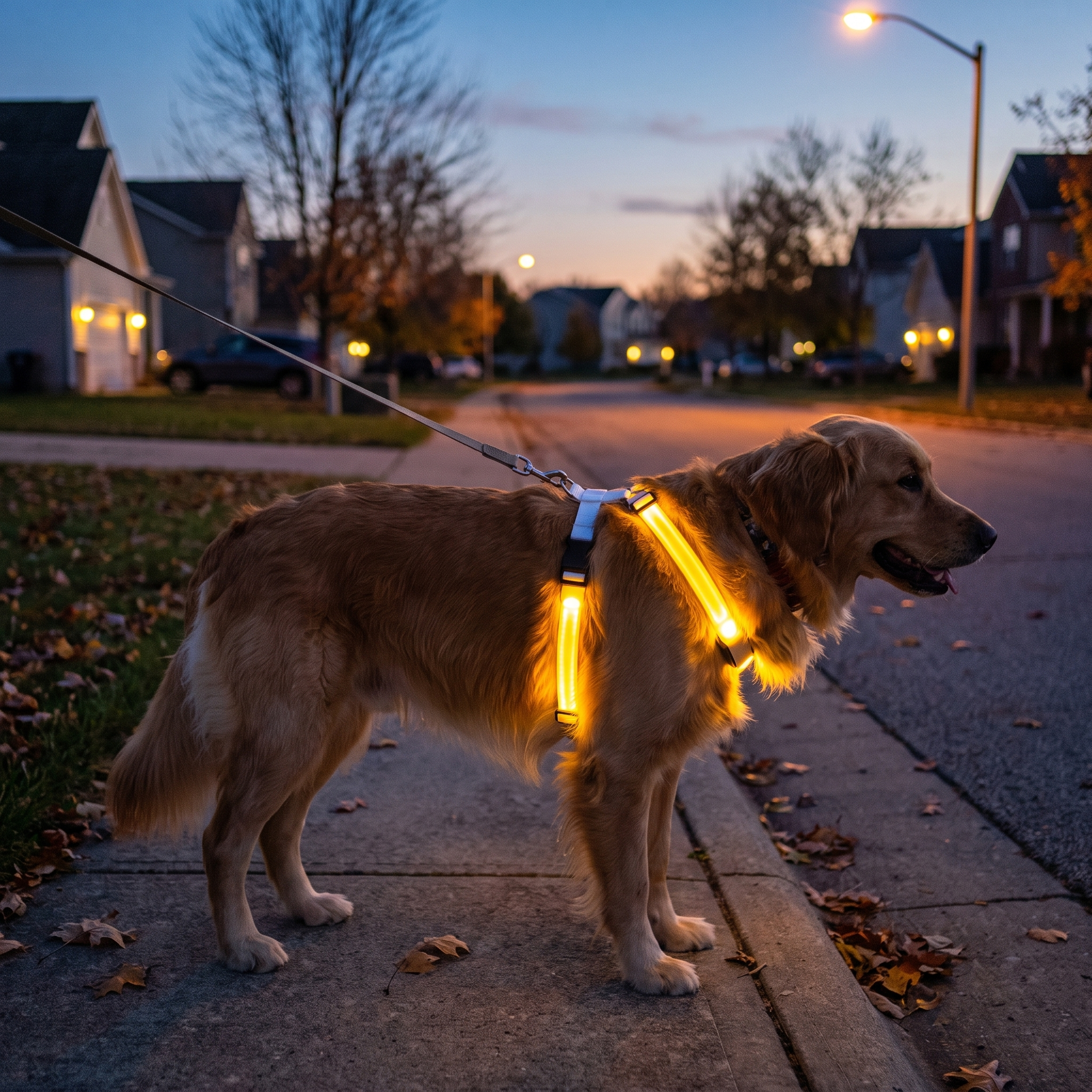 Golden retriever wearing Night-Safety LED Glow Harness - USB Rechargeable Reflective Pet Vest on a sidewalk at dusk with glowing yellow LED strips