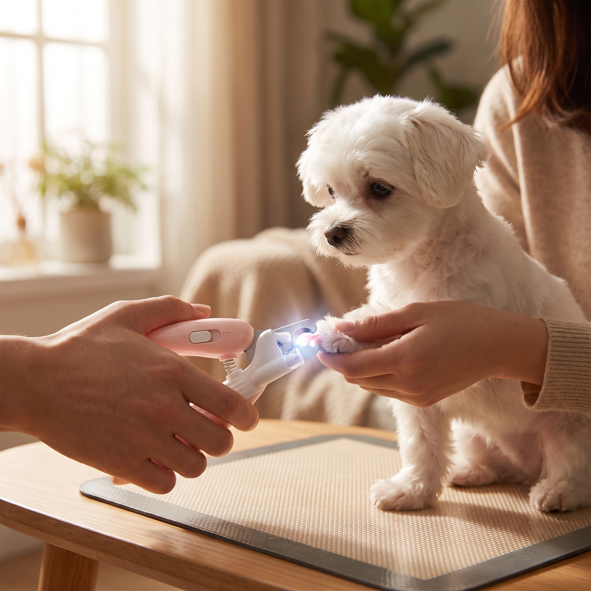 LED Illuminated Dog Nail Clippers - Professional Grooming Trimmer with Safety Guard used to trim a small white puppy's nail with a guiding light during home grooming