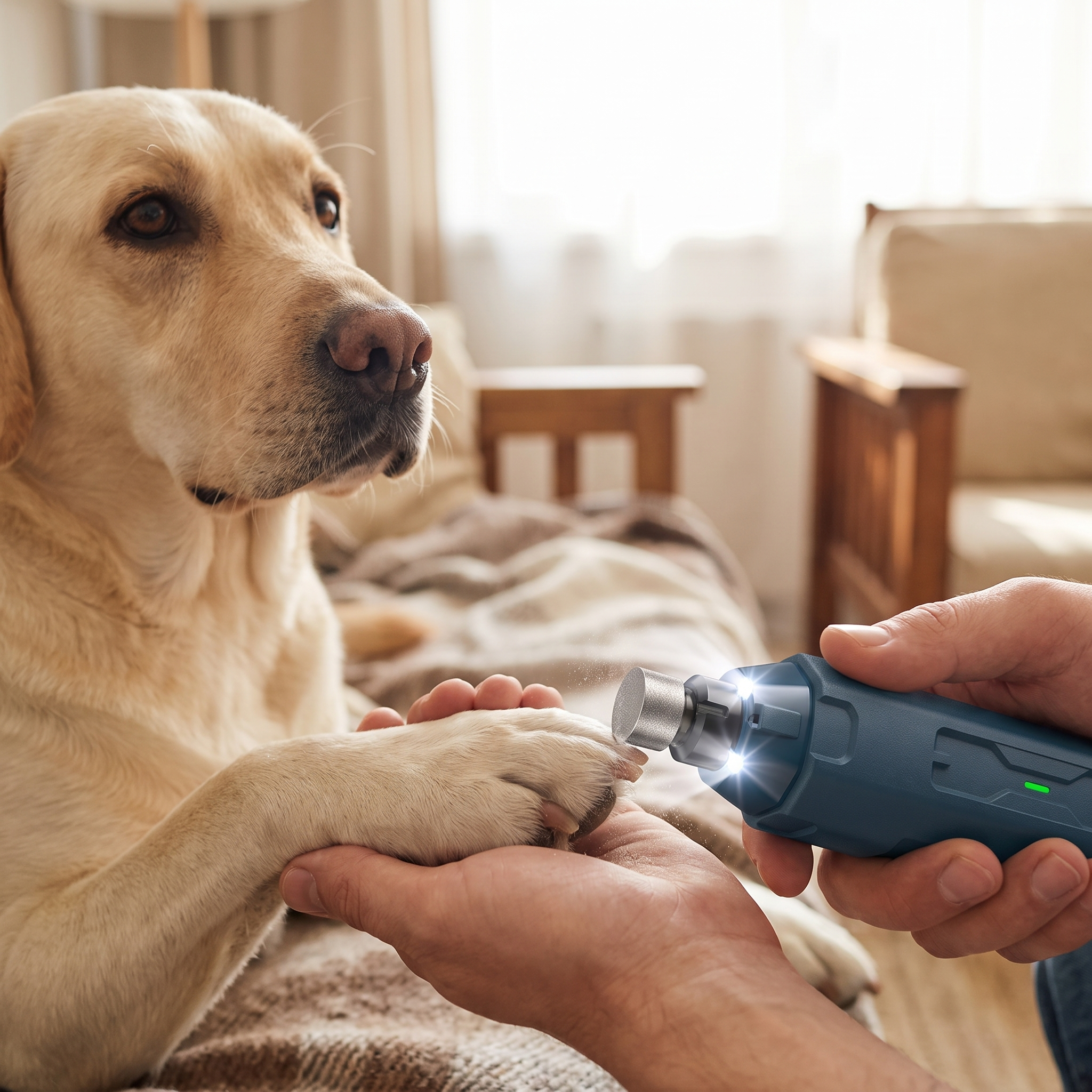 Elite Dual-Light Electric Pet Nail Grinder - High-Speed Precision Grooming Station trims a golden retriever's paw nails with LED light