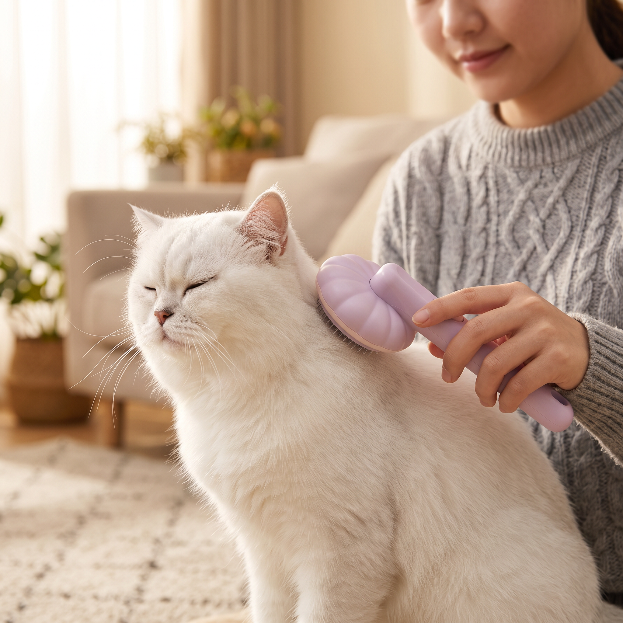 Boutique Pumpkin Self-Cleaning Brush - Aesthetic Grooming & Deshedding Comb shown grooming a relaxed white cat with a purple brush in a cozy home