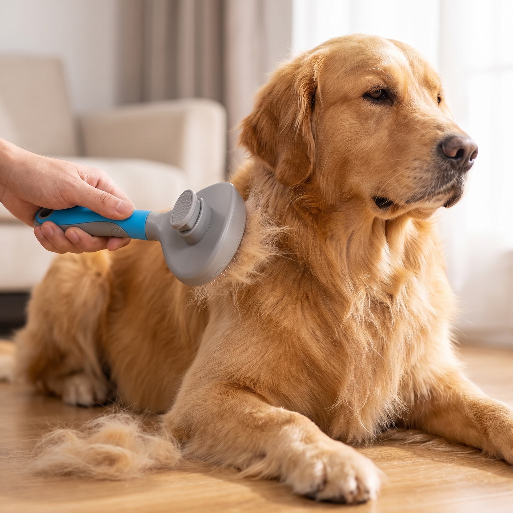 One-Click Self-Cleaning Slicker Brush - Professional Deshedding Tool grooming a golden retriever with loose fur removed at home