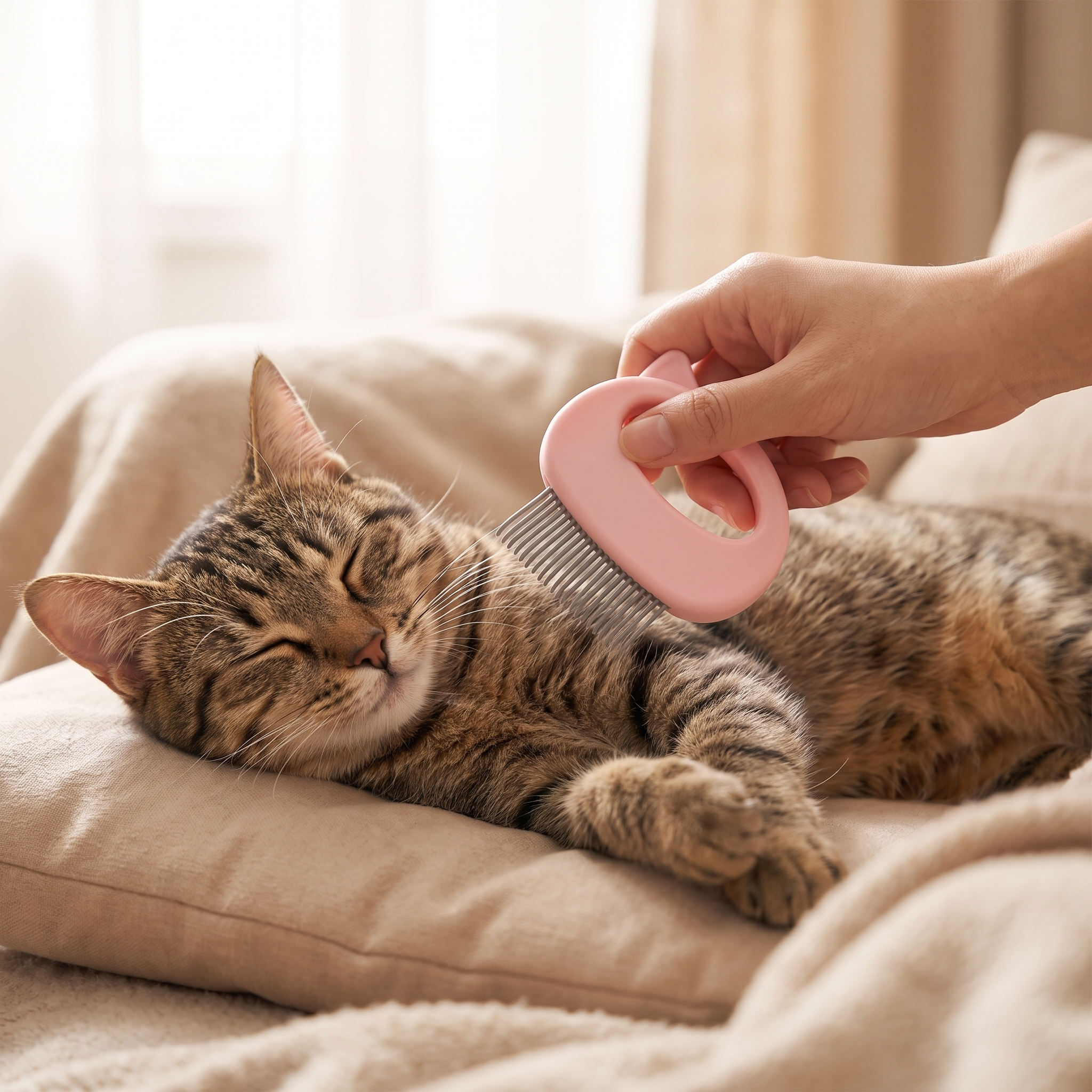 Feline Shell Massage Comb - Whisker-Friendly Soft-Needle Deshedding Tool gently grooms a relaxed tabby cat resting on a soft cushion