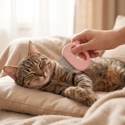Feline Shell Massage Comb - Whisker-Friendly Soft-Needle Deshedding Tool gently grooms a relaxed tabby cat resting on a soft cushion