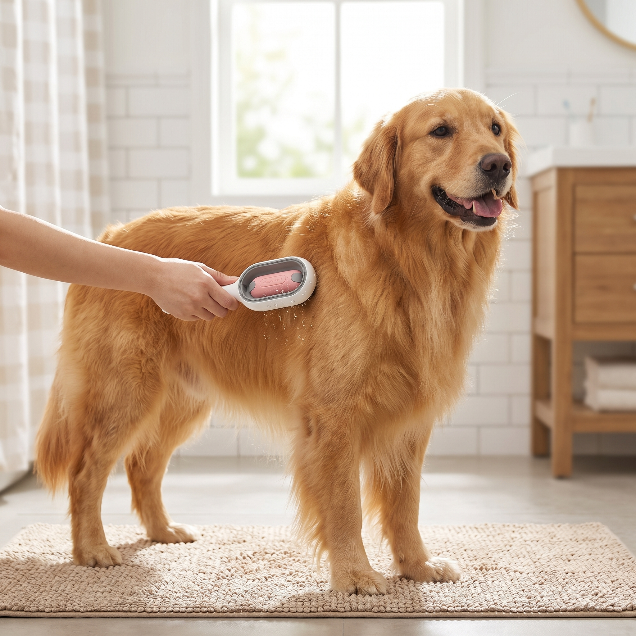2-in-1 Water Tank Grooming Rake - Advanced Wet-Cleaning Deshedding Brush used on a wet golden retriever for convenient at-home grooming and gentle fur care