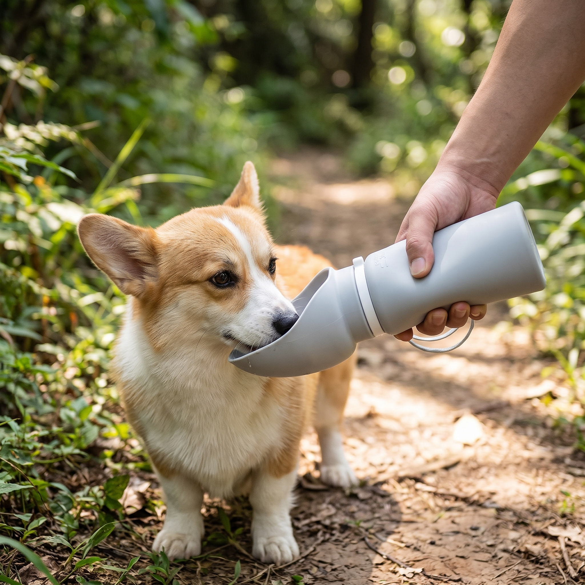 Soft Silicone Ultra-Compact Dispenser – 550ml Lightweight Minimalist Travel Bottle providing water to a dog on a forest trail