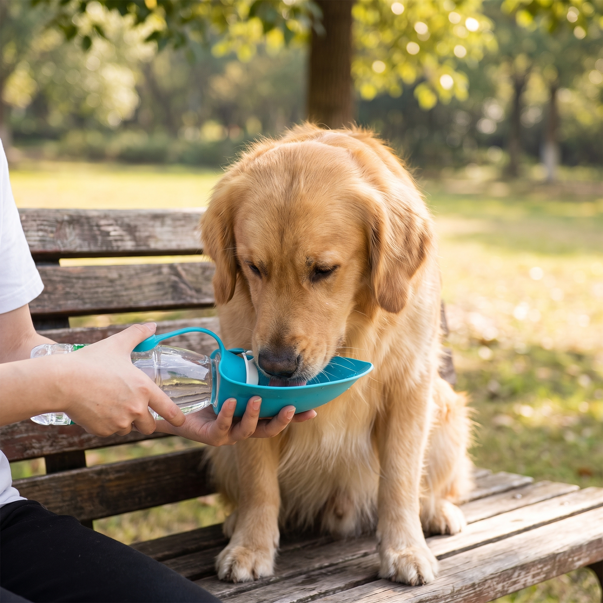 Large Silicone Leaf Bottle - 580ml Portable Travel Bottle used to give a golden retriever water outdoors on a park bench with its integrated drinking bowl