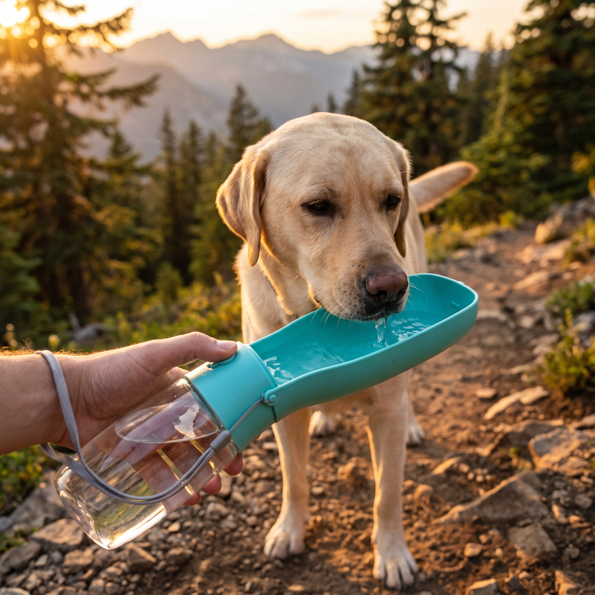 Large Capacity Folding Travel Cup - 550ml Portable Hydration Station held out to a Labrador drinking water on a forest mountain trail at sunset