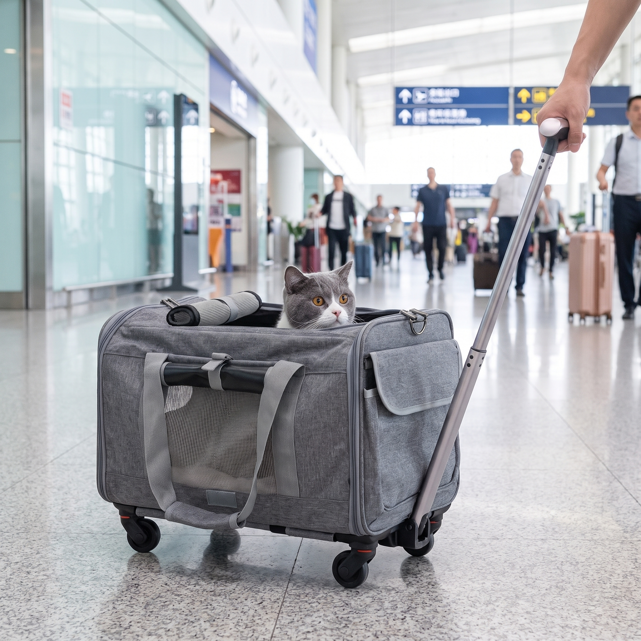 Elite Rolling Travel Trolley - Convertible 3-in-1 Professional Pet Case with gray cat carrier rolling through an airport terminal