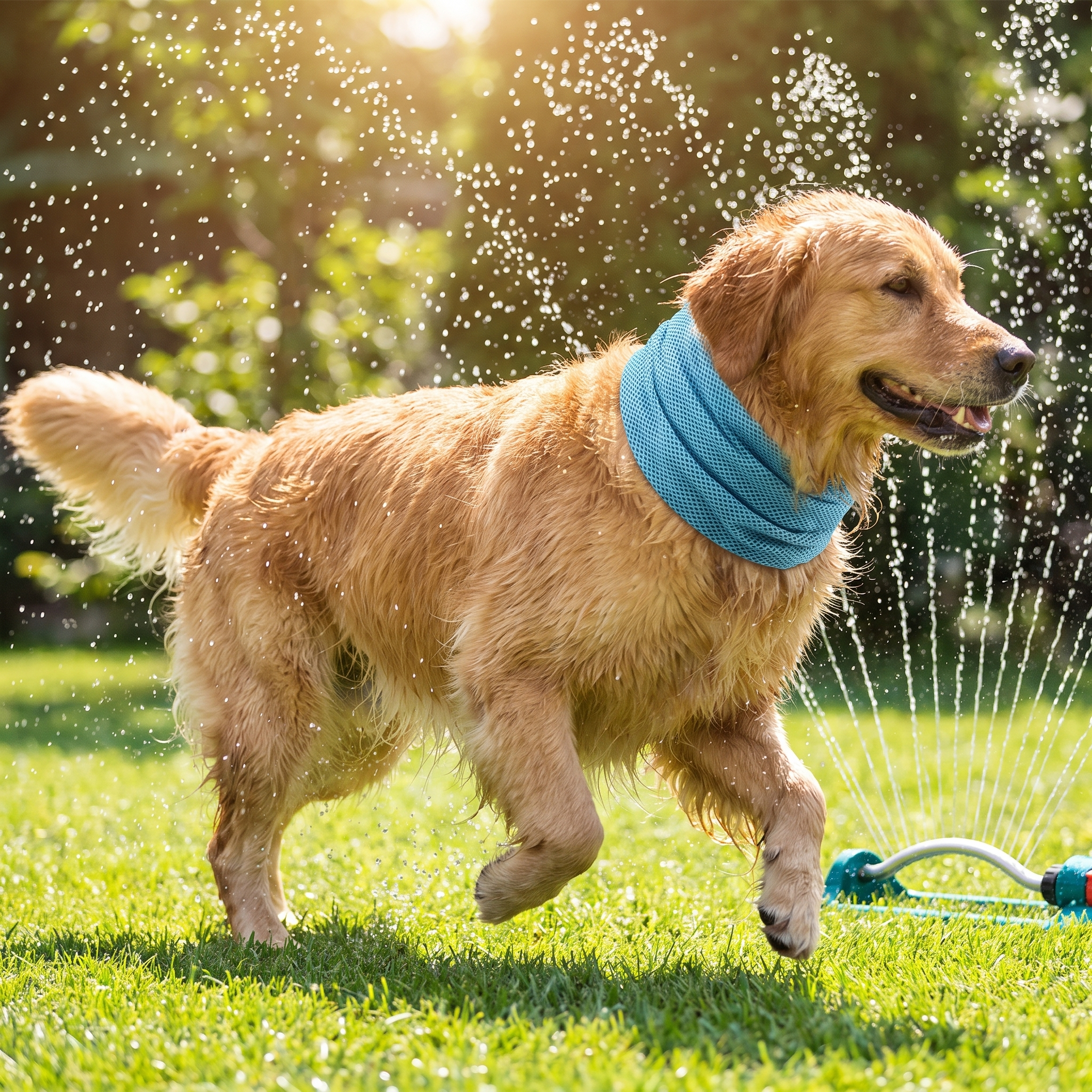 Golden retriever wearing a blue cooling bandana while playing in a garden sprinkler on sunny grass Instant-Refresh Cooling Bandana - Evaporative Heatstroke Prevention Collar