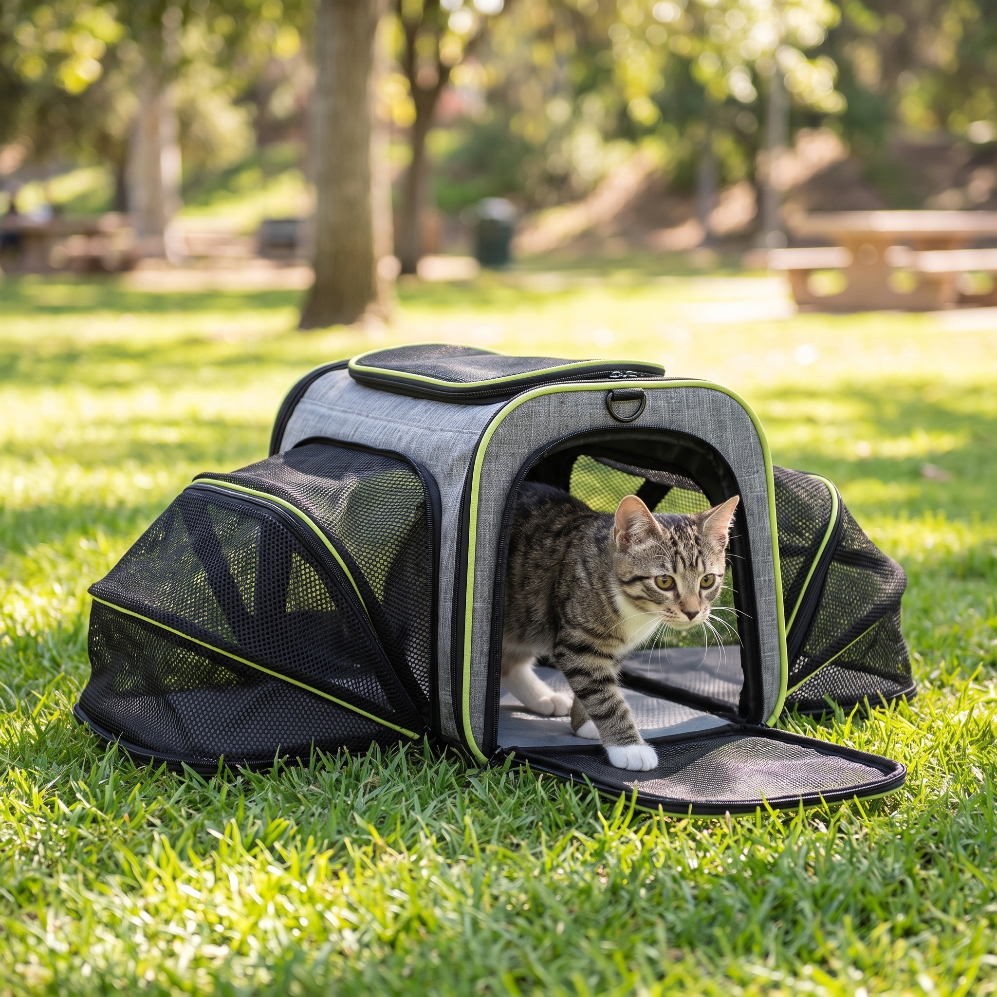 Professional Mesh Adventure Carrier - Expandable High-Ventilation Travel Carrier with a cat relaxing inside on a sunny grassy park lawn