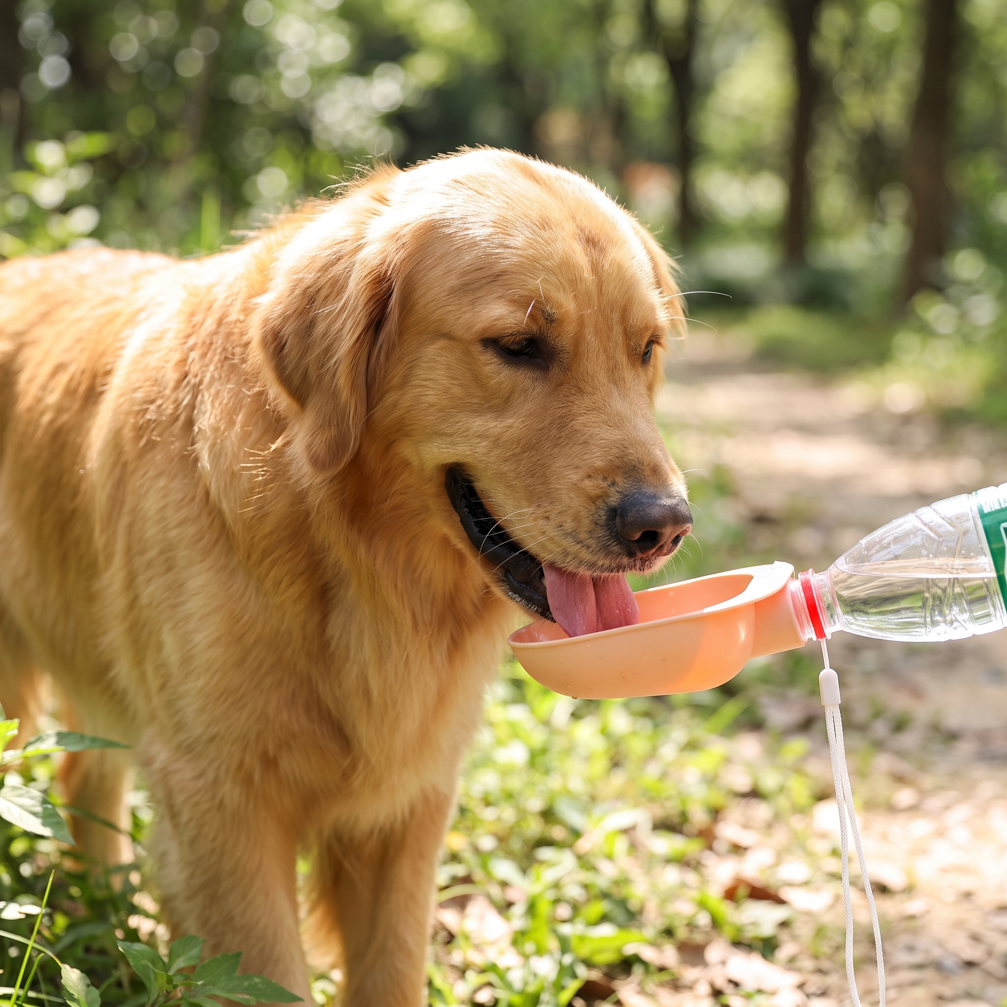 Universal Pet Hydration Adapter – Portable Bottle Attachment & Travel Drinking Scoop giving a golden retriever fresh water outdoors during a walk