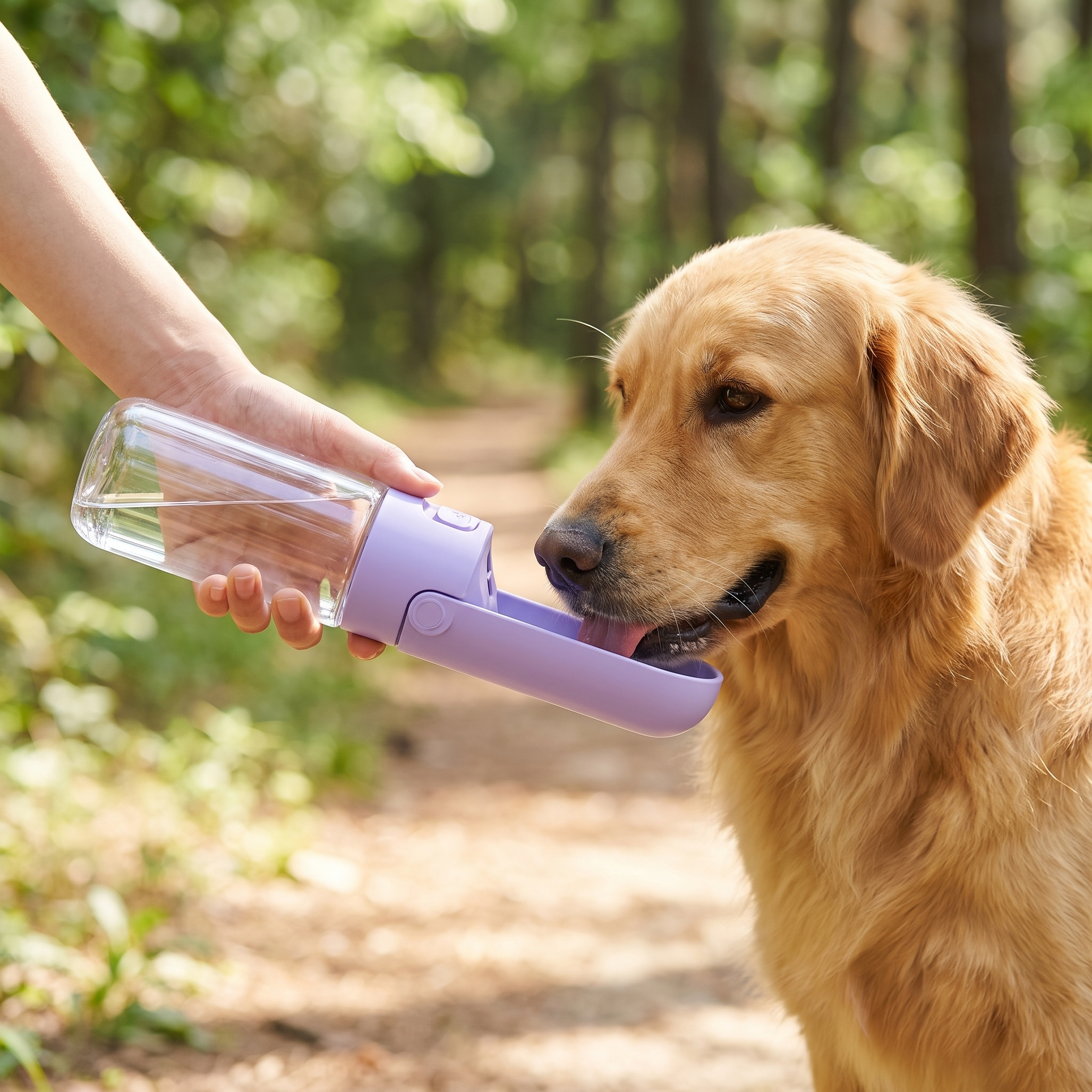Professional Slim Leakproof Travel Flask - 420ml High-Capacity Water Feeder for a golden retriever drinking on a forest walk