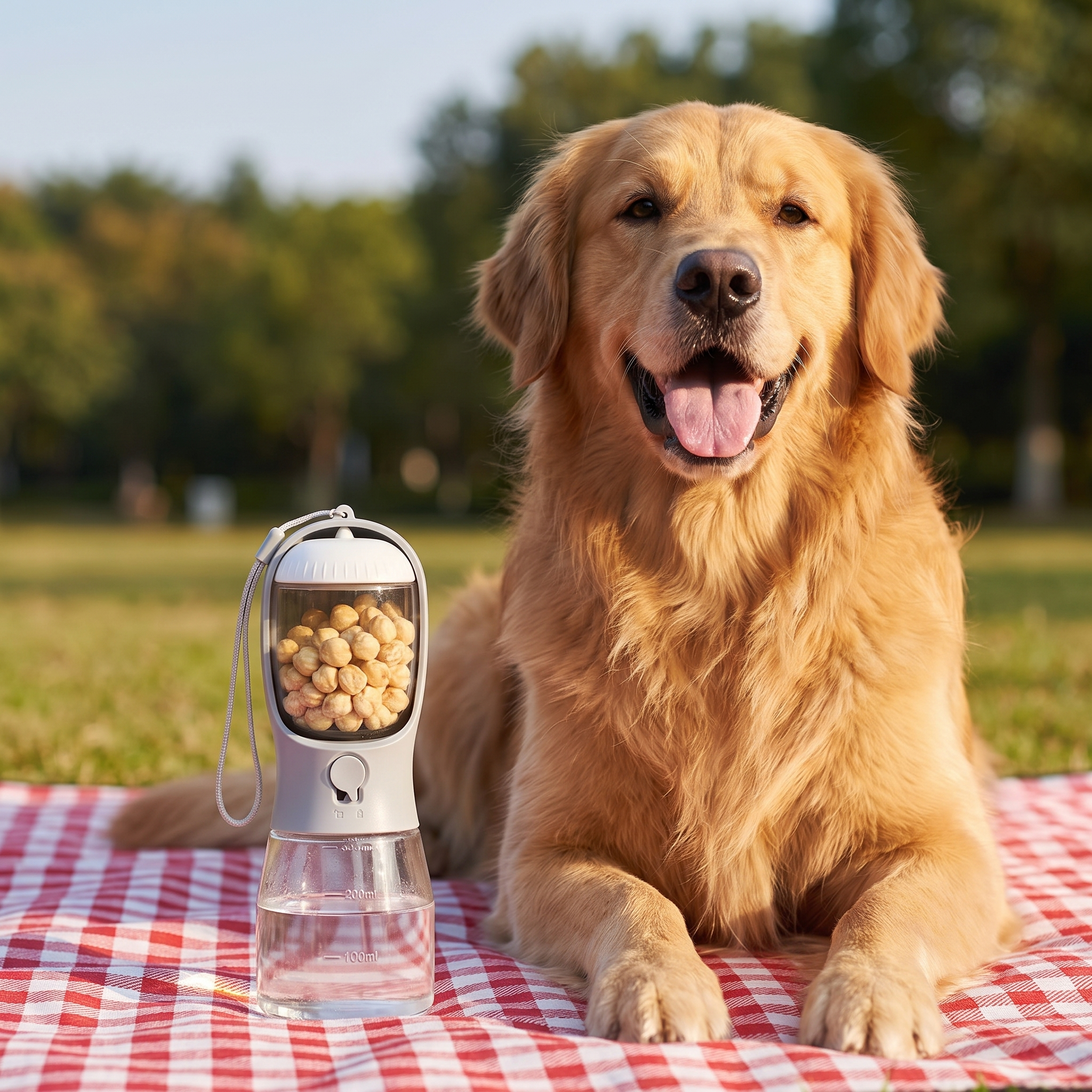 3-in-1 Pet Travel Station – Integrated Water, Food & Waste Management beside a golden retriever with a portable food and water bottle outdoors