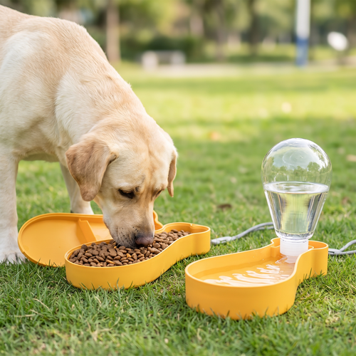 2-Layer Pet Travel Station – Dual-Chamber Portable Feeder with yellow food and water compartments serving a dog outdoors on grass